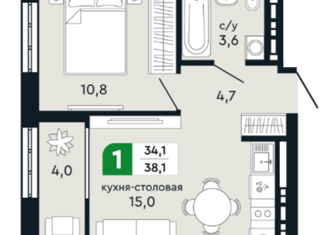 Продается 1-комнатная квартира, 38.1 м2, Верхняя Пышма, улица Гальянова