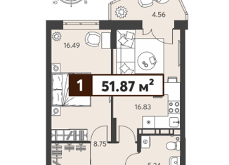 Однокомнатная квартира на продажу, 51.87 м2, Пенза, улица Ворошилова, с14