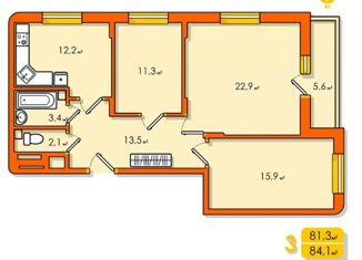 Продаю 3-ком. квартиру, 84.1 м2, поселок Рождественский, улица Фёдорова