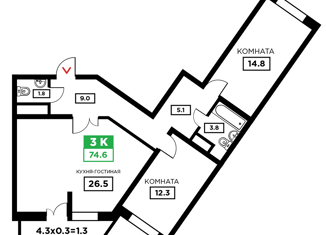 Трехкомнатная квартира на продажу, 75.8 м2, Краснодар, ЖК Свобода, Домбайская улица, 55к2