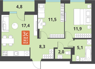 Продам трехкомнатную квартиру, 56 м2, Новосибирск, метро Заельцовская, Тайгинская улица, 39