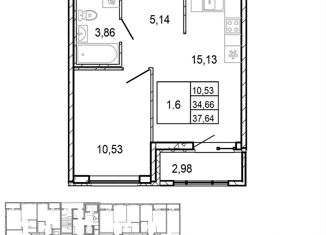 Продажа 1-ком. квартиры, 34.2 м2, Ленинградская область, улица Первых, 4к7
