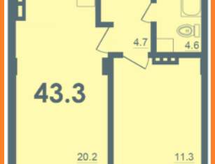 1-комнатная квартира на продажу, 43.3 м2, деревня Борисовичи, Балтийская улица, 20