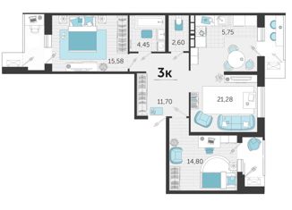 Трехкомнатная квартира на продажу, 92 м2, Краснодар, улица Автолюбителей, 1Г, ЖК Стрижи