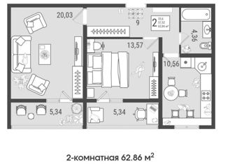 Продается 2-ком. квартира, 62.86 м2, Тольятти, Приморский бульвар, Автозаводский район