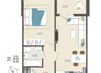 2-комнатная квартира на продажу, 37 м2, Курск, улица Энгельса, 115/3, Сеймский округ