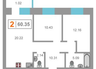 2-комнатная квартира на продажу, 60 м2, Тюмень, Амурская улица, 39, ЖК Парковый