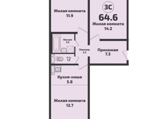 Продаю 3-комнатную квартиру, 64.6 м2, посёлок Садовый, микрорайон Приозёрный, 710