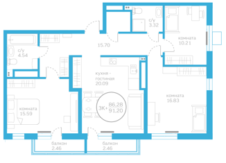 Продается трехкомнатная квартира, 86.28 м2, Тюмень, улица Вице-адмирала Воронцова, 5, ЖК Первая линия. Гавань