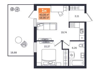 Продам однокомнатную квартиру, 40.08 м2, Курган, Солнечный бульвар, 32, Западный район