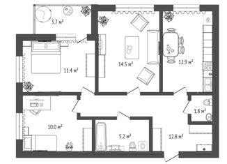 Продам 3-ком. квартиру, 72.3 м2, Тюмень, улица Ветеранов Труда, 9Ак3, ЖК На Ватутина