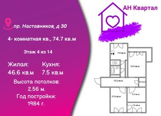 4-комнатная квартира на продажу, 74.7 м2, Санкт-Петербург, проспект Наставников, 30