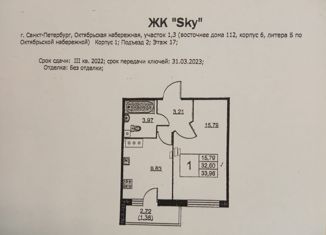 Продаю однокомнатную квартиру, 34 м2, Санкт-Петербург, ЖК Аквилон Скай, Русановская улица, 20к1