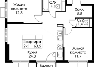 Продаю 2-комнатную квартиру, 62.6 м2, Санкт-Петербург, Кантемировская улица, 11с1, Кантемировская улица