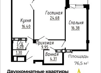 Двухкомнатная квартира на продажу, 76.3 м2, Йошкар-Ола, площадь Революции, 5, ЖК Кремлёвский