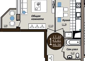 Продажа 1-комнатной квартиры, 44.2 м2, Ульяновск, проспект Маршала Устинова, 9, ЖК Риверсайд