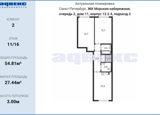 Двухкомнатная квартира на продажу, 54.8 м2, Санкт-Петербург, проспект Крузенштерна, 2, ЖК Морская Набережная