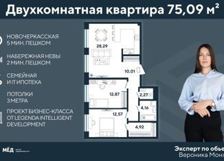 Продажа 2-комнатной квартиры, 75.09 м2, Санкт-Петербург, Малоохтинский проспект, 68, Малоохтинский проспект