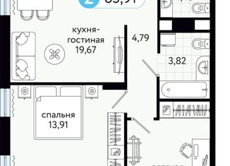 Продам 2-комнатную квартиру, 65.91 м2, деревня Дударева, улица Сергея Джанбровского, 17к1