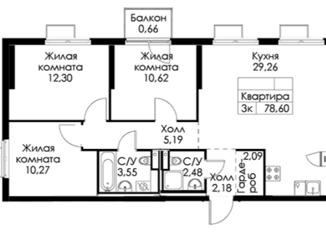 Продается трехкомнатная квартира, 76.8 м2, деревня Новое Девяткино, ЖК Заречный Парк