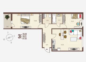 2-ком. квартира на продажу, 61.02 м2, село Новая Усмань, бульвар Художников, 2В