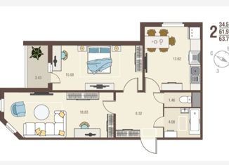 Продаю 2-комнатную квартиру, 63.71 м2, село Новая Усмань, Алмазная улица, 4