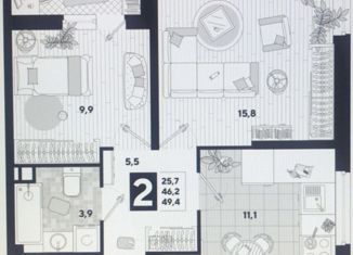 Продается 2-комнатная квартира, 49.4 м2, Краснодар, ЖК Самолёт-3, улица Ивана Беличенко, 87