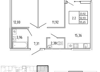 2-комнатная квартира на продажу, 52.2 м2, деревня Новосаратовка, улица Первых, 2к3