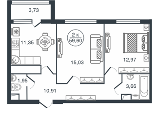 Продается 2-ком. квартира, 59.6 м2, Тверь, Московский район