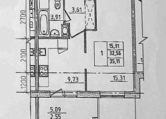 1-комнатная квартира на продажу, 35.1 м2, Гатчина, улица Чехова, 41к1, ЖК IQ Гатчина