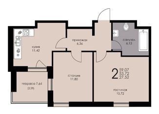 2-комнатная квартира на продажу, 53.72 м2, городской посёлок Рощино, Пионерская улица, 2А