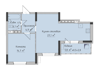Однокомнатная квартира на продажу, 54 м2, Ижевск, улица Холмогорова, 89, ЖК Холмогоровский