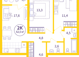 Продаю двухкомнатную квартиру, 62.5 м2, Екатеринбург, улица Щербакова, 74, ЖК Сказы Бажова