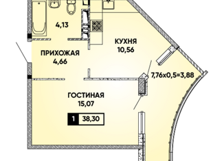Продам 1-ком. квартиру, 38.08 м2, Краснодар, Конгрессная улица, 33к1, микрорайон Достояние