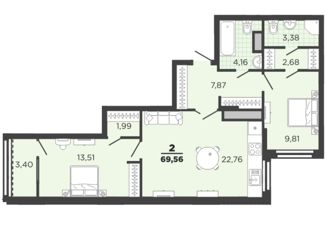 Продается 2-ком. квартира, 69.56 м2, Рязань, улица Александра Полина, 3