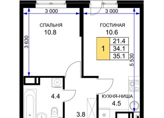 Продам 1-комнатную квартиру, 35.1 м2, Краснодар, ЖК Ракурс
