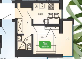 Однокомнатная квартира на продажу, 25.6 м2, Сочи, Ясногорская улица, 16/8к1, микрорайон Бытха