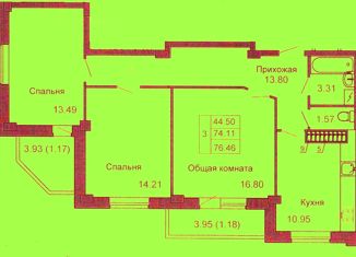 Продажа трехкомнатной квартиры, 75 м2, деревня Родина, Владимирская улица, 12, ЖК Родина