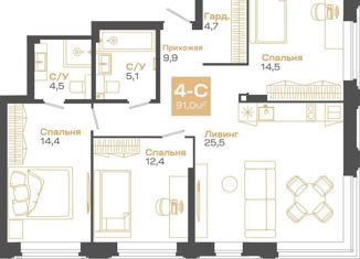 Продам четырехкомнатную квартиру, 90.95 м2, Новосибирск, улица Мусы Джалиля, 17, Советский район