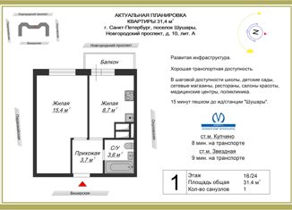 Продам 1-комнатную квартиру, 31.4 м2, посёлок Шушары, Новгородский проспект, 10
