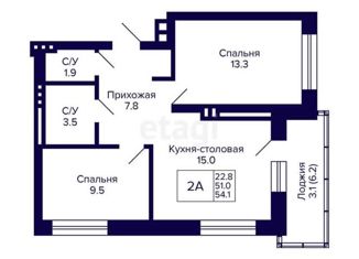 Двухкомнатная квартира на продажу, 54.1 м2, Новосибирск, 18-й Бронный переулок, Кировский район
