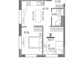 Продается двухкомнатная квартира, 38.11 м2, Рязань, ЖК Метропарк, улица Александра Полина, 3