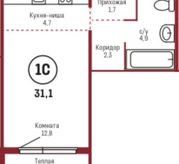 Продажа 1-ком. квартиры, 31.1 м2, рабочий поселок Южный, улица Герцена, 3к2