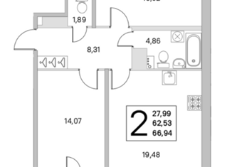 Продаю 2-ком. квартиру, 62.53 м2, городской посёлок Янино-1, Ясная улица, 11к2