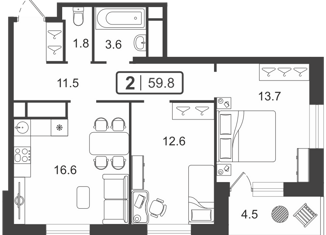 Продам 2-комнатную квартиру, 59.95 м2, Тюменская область, улица Мельникайте, 2к18