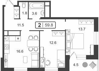 Продам 2-комнатную квартиру, 59.95 м2, Тюмень, Центральный округ, улица Мельникайте, 2к18