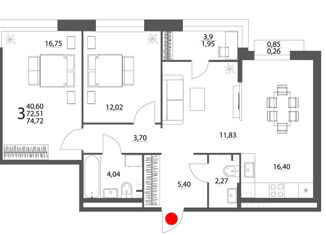 Продается трехкомнатная квартира, 74.72 м2, Берёзовский