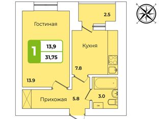 1-комнатная квартира на продажу, 31.75 м2, село Иглино, улица Ворошилова, 28Г