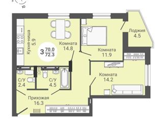 Продаю трехкомнатную квартиру, 72.3 м2, Новосибирск, Кировский район, улица Петухова, 168с2