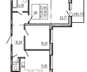 Продам 2-комнатную квартиру, 61.77 м2, Санкт-Петербург, улица Инструментальщиков, 18